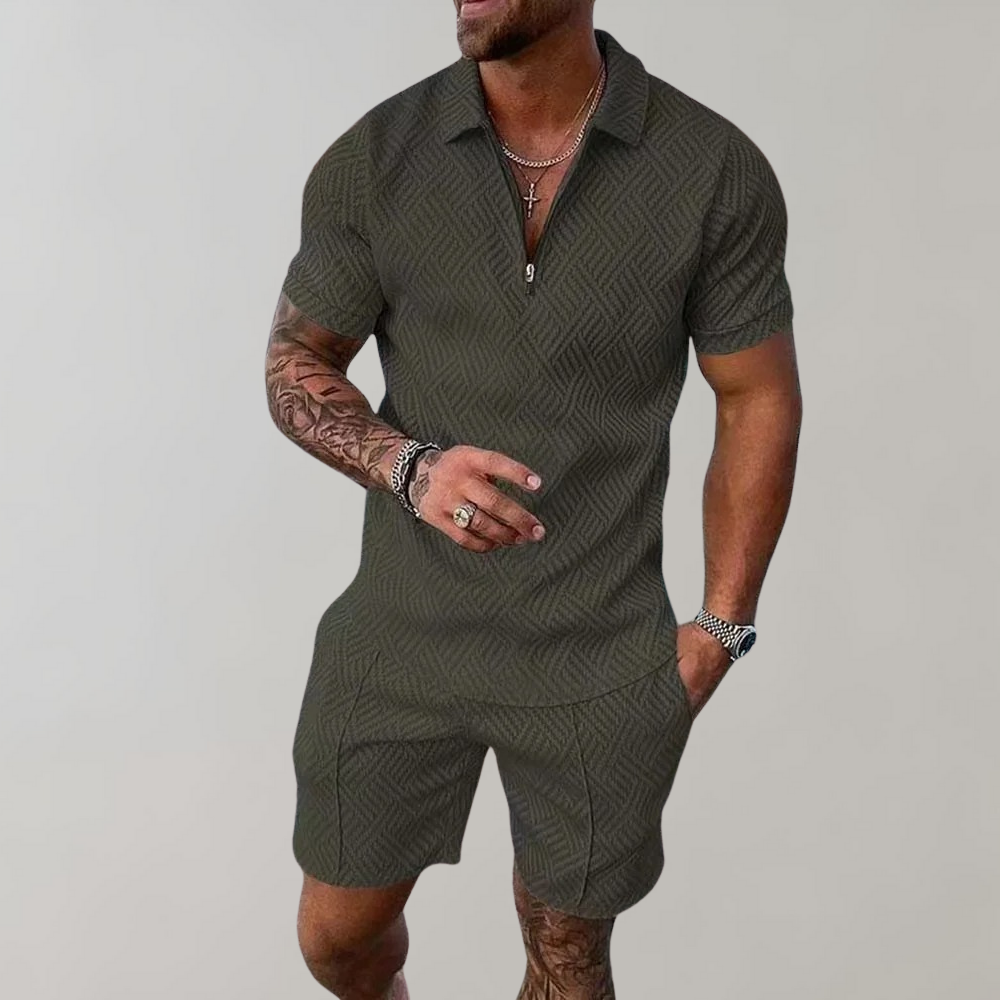 Comfortable men's polo and shorts set for summer. Versatile casual leisure wear, perfect for warm weather style.