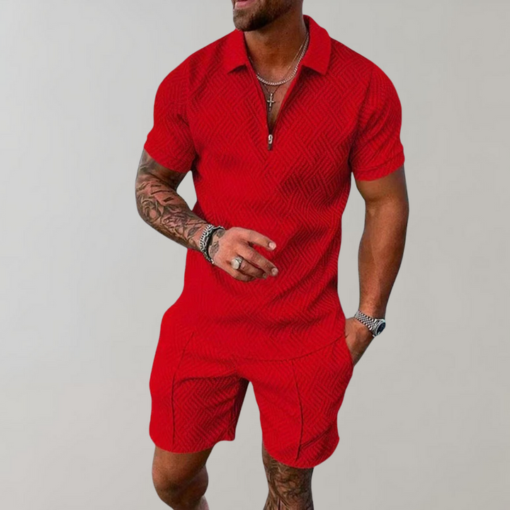 Lightweight men's polo & shorts set, ideal summer outfit. Stylish and comfortable two-piece casual wear for men.
