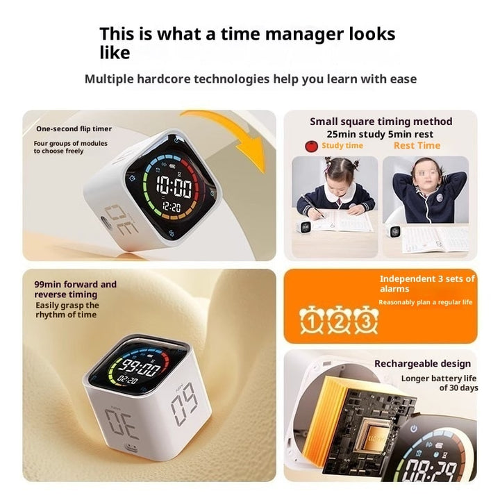 Black digital focus timer cube, a rechargeable productivity aid and essential desk accessory.