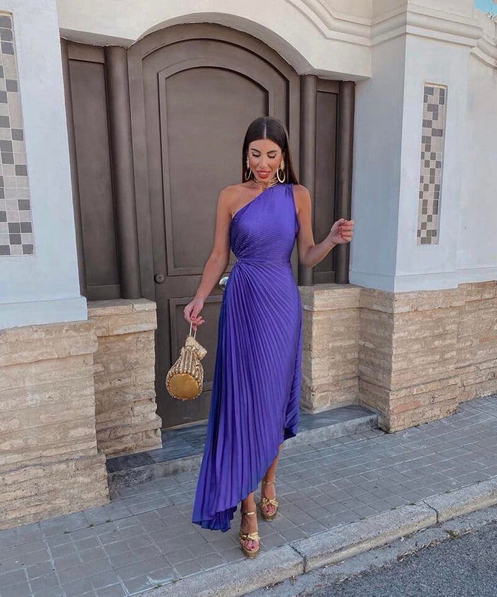 Women's elegant pleated one-shoulder maxi dress for formal occasions.