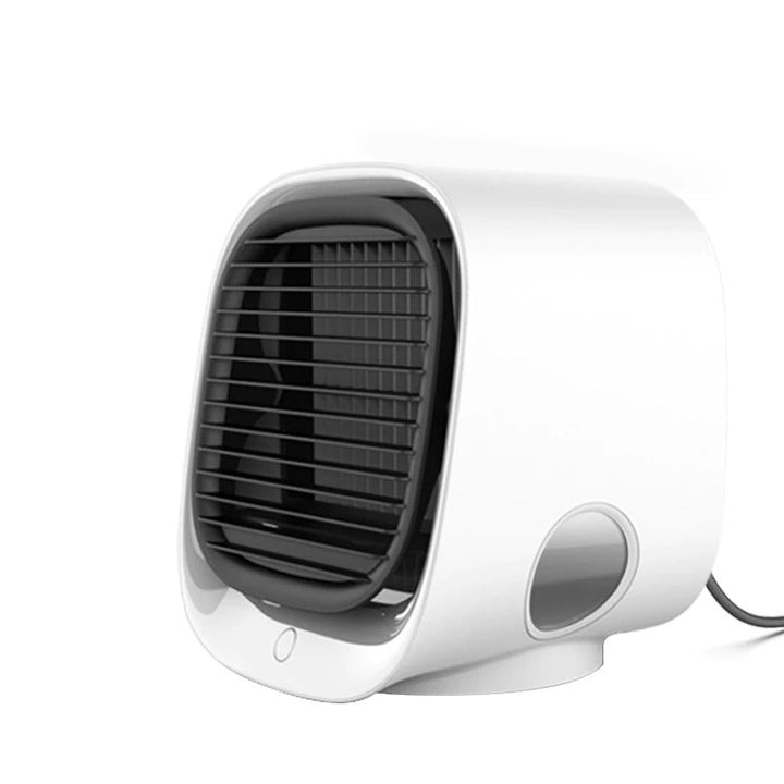 White portable USB air conditioner & mini personal cooler for car, desk, or travel comfort.