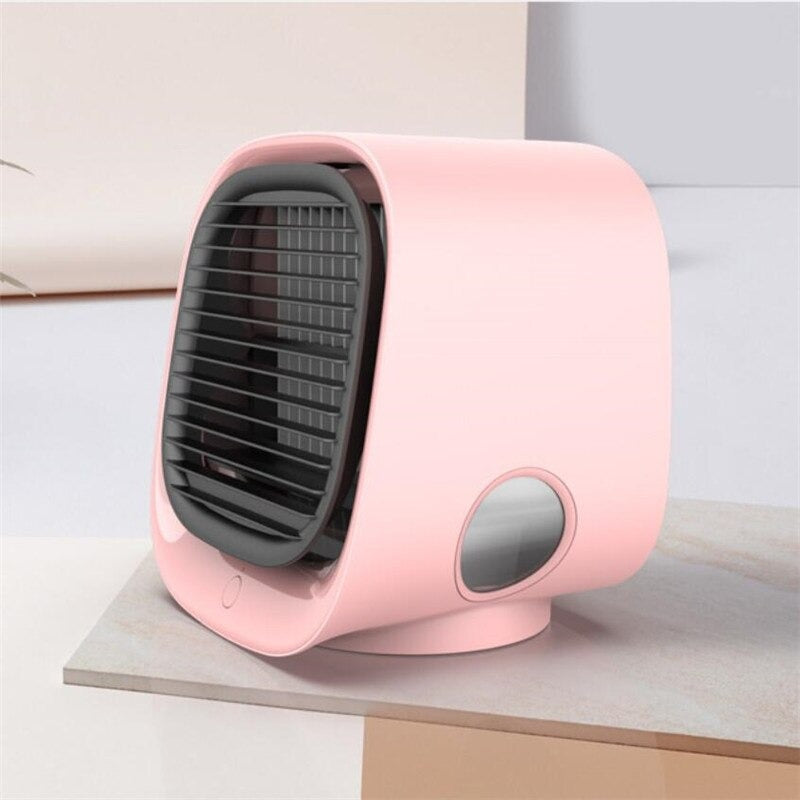 Pink portable USB air conditioner, mini personal cooler, humidifier & air purifier for car/travel.