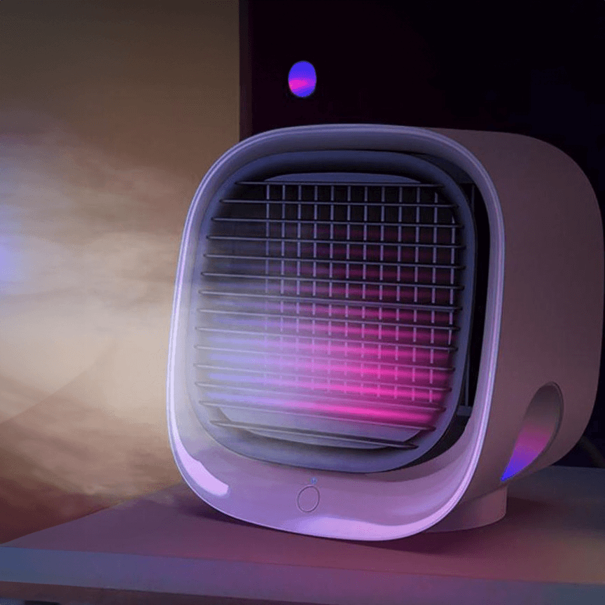 White & pink portable USB air conditioner, mini cooler, humidifier, and air purifier for personal use.