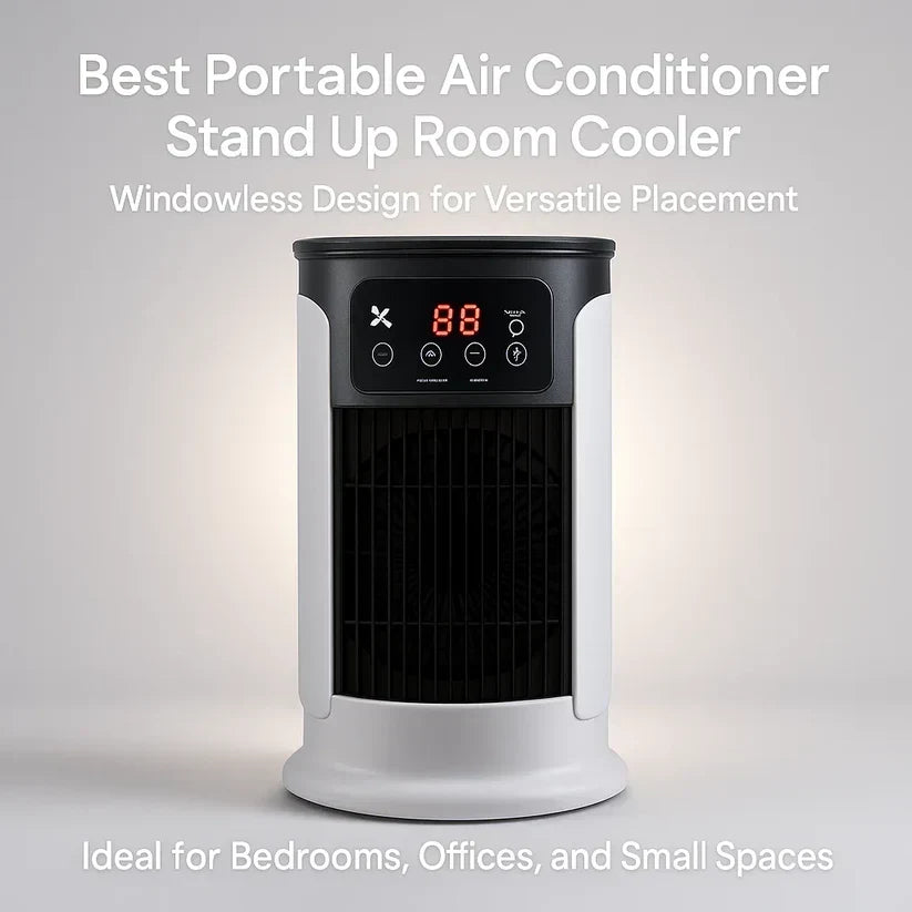 Mini portable windowless air conditioner on an office desk, providing personal cooling. Quiet operation for productivity.