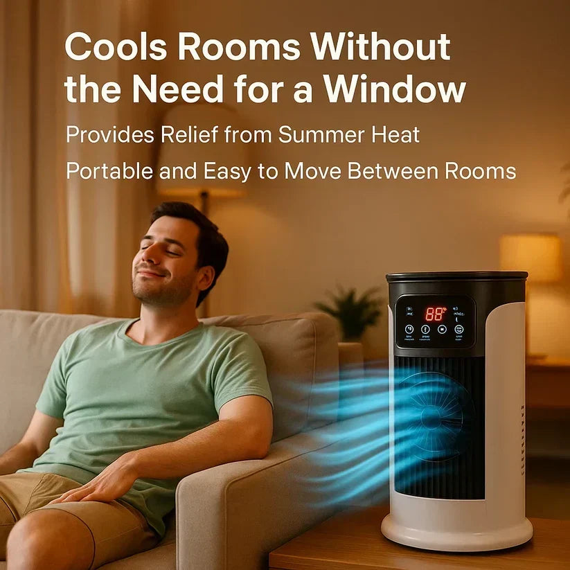 Compact portable windowless cooler next to a laptop, ideal for small spaces like dorm rooms & home offices.