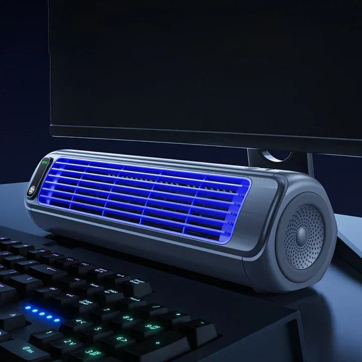 Mini portable rechargeable air cooler for personal use. Wireless desk fan offers quiet, compact cooling in any small space or office.