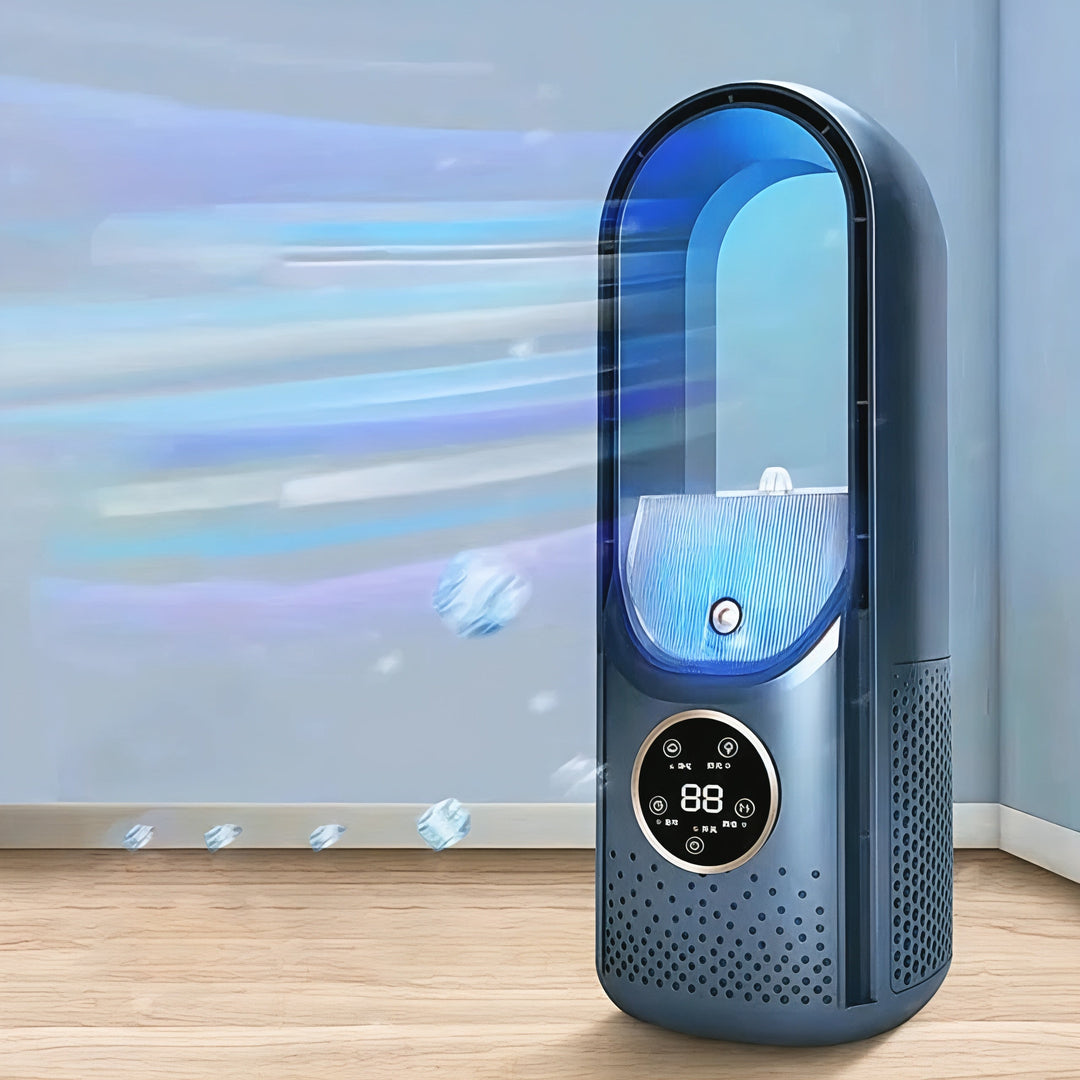Safe bladeless air cooler in white & blue, perfect for home office. Quiet, portable, and energy efficient personal fan.