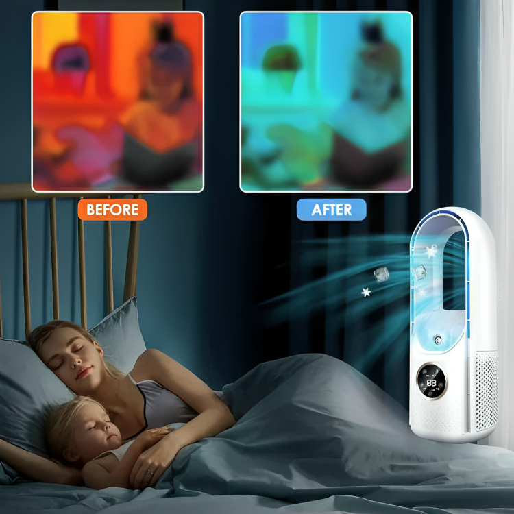 Compact white & blue bladeless air cooler for a quiet home office. Portable personal fan, energy-efficient & safe.
