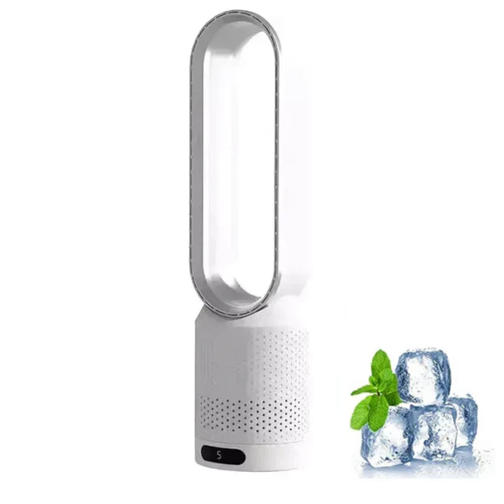 Portable bladeless fan with air purification & remote control. Modern design, perfect for home cooling.