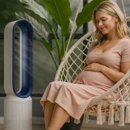 Air purifying bladeless fan with remote. Provides clean, cool, filtered air for a healthier and more comfortable home.