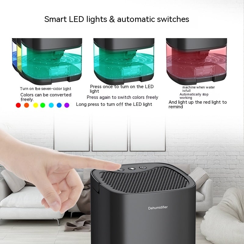 Portable dehumidifier removing excess humidity from a bedroom, ensuring a comfortable, dry sleeping environment.