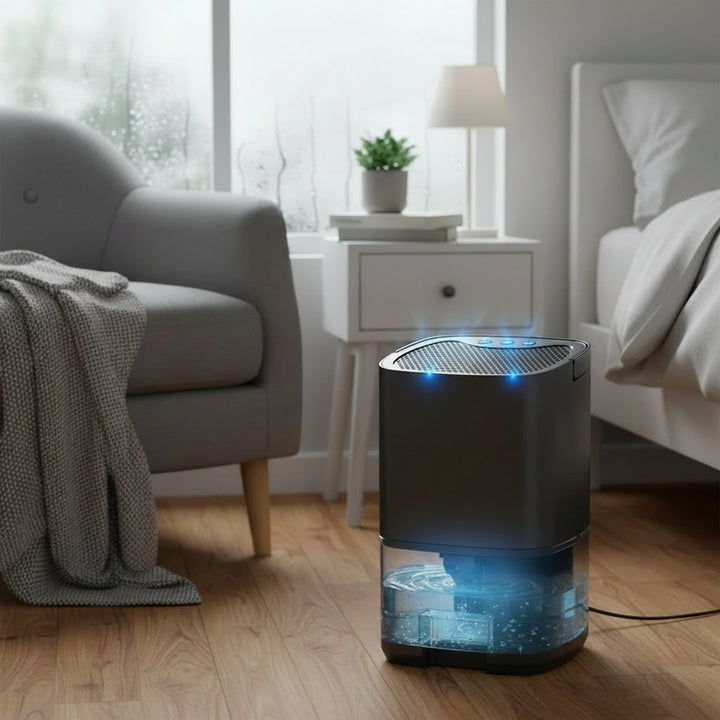 Compact dehumidifier for home, bedroom & basement. Quiet moisture control for improved air quality.
