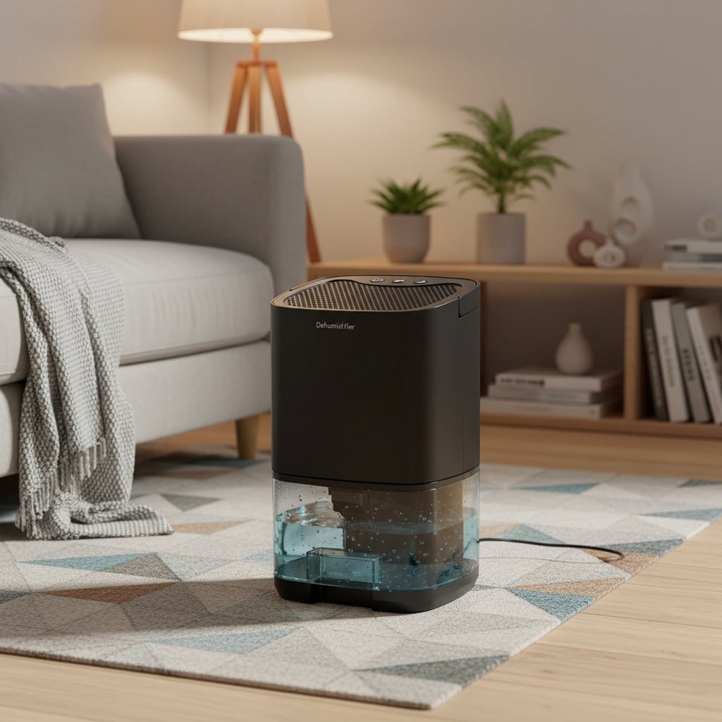 Quiet compact dehumidifier, enhancing home air quality & controlling basement/bedroom moisture. Portable design.