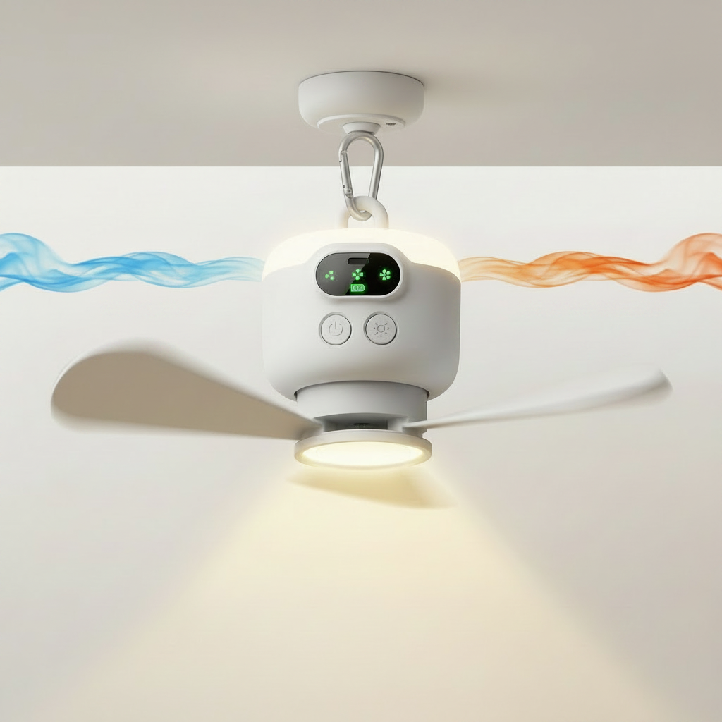 Outdoor portable camping fan with remote control, LED light, and convenient hanging hook.