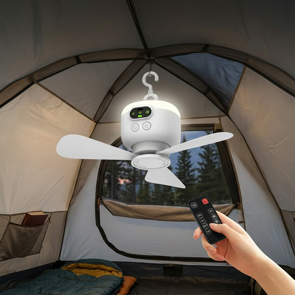 Compact rechargeable tent fan with LED light, remote, and hanging hook for comfortable camping & travel.