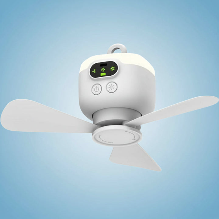 Personal portable cooler & camping fan with remote control, LED light, and versatile hanging hook.