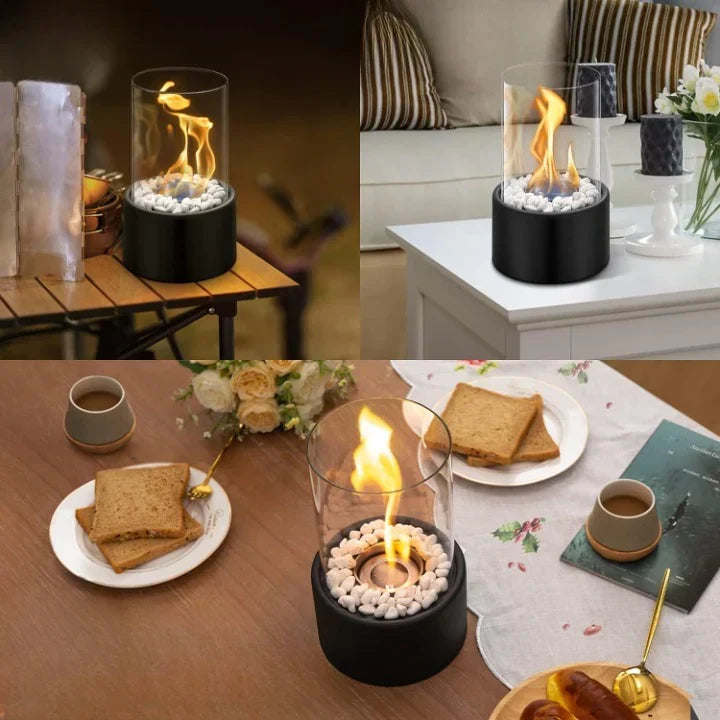 Versatile portable bioethanol fireplace for tables, providing a safe, smokeless flame for indoor & outdoor use.