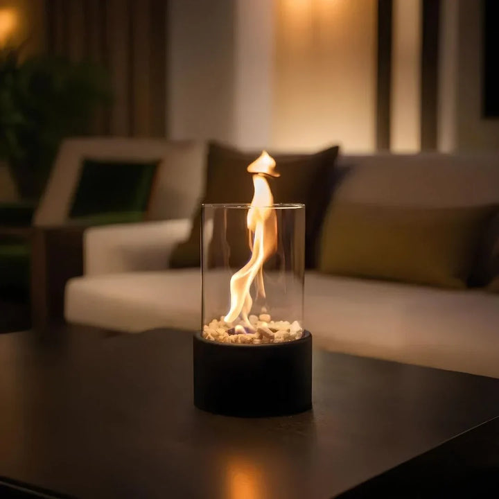 Sleek, contemporary portable tabletop bioethanol fireplace, ideal for modern indoor or outdoor decor.