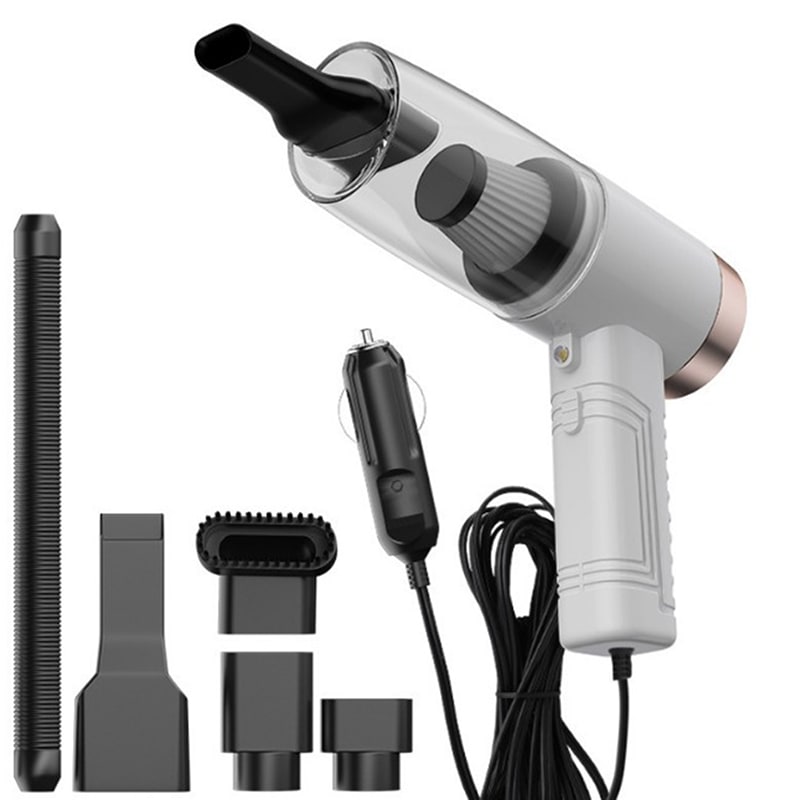 Compact handheld car vacuum effortlessly removing pet hair from vehicle upholstery for a cleaner interior.