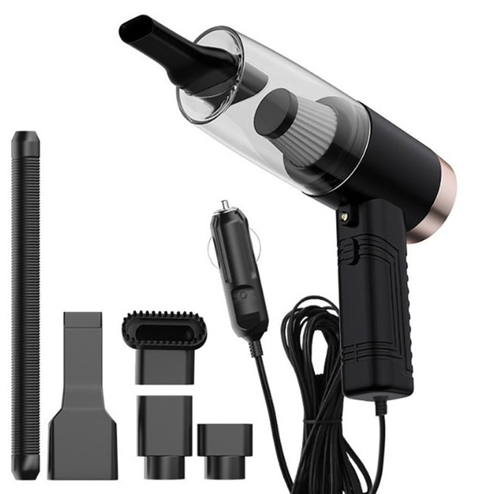 Close-up of the 12V powerful auto cleaner, showcasing its compact design and detailing nozzles for car interior.