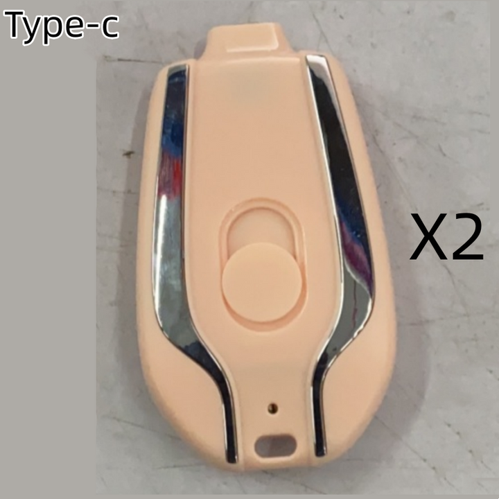 Keychain power bank with dual retractable connectors, universal charging.