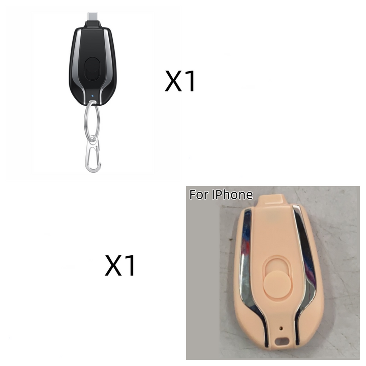 Portable keychain power bank, ready to charge iPhone and Android.