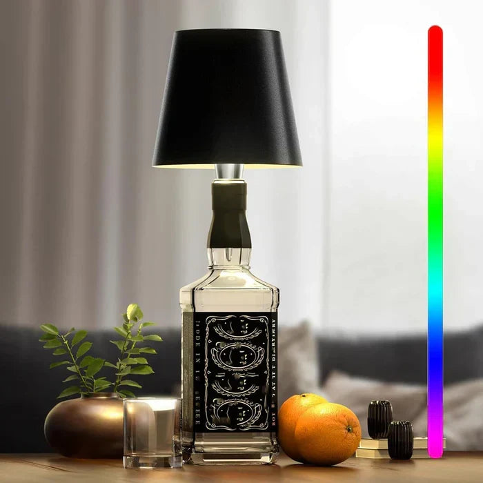 Modern GlowBottle LED lamp, a dimmable, portable, and wireless lighting solution for any room.