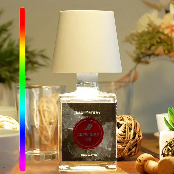 Versatile LED Bottle Lamp, portable and dimmable, perfect for outdoor dining or indoor relaxation.