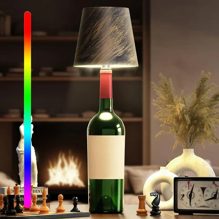 Touch-controlled LED GlowBottle lamp, rechargeable and wireless, adding warmth to any environment.