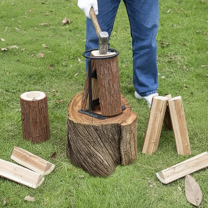 Efficient manual log splitter for fireplace firewood. Safe, heavy-duty wood cutting tool for outdoor use & camping.