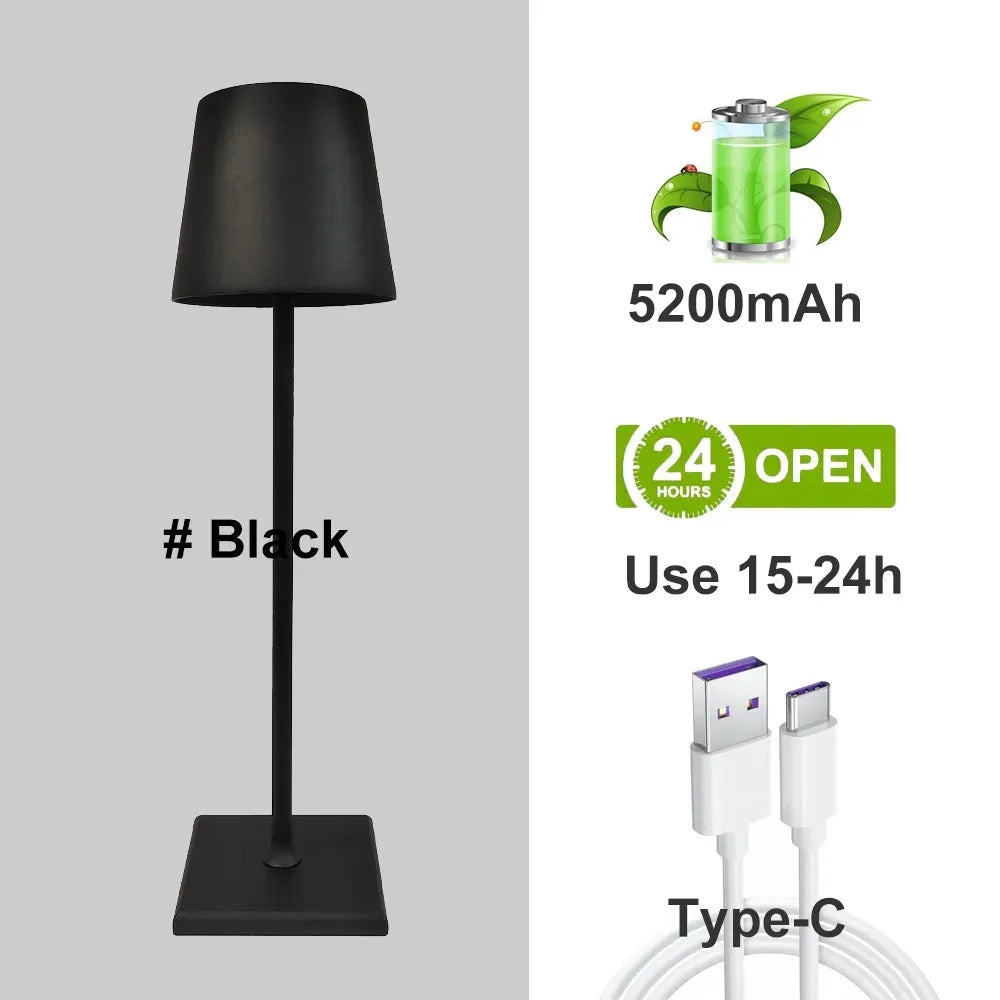 Durable aluminum portable LED lamp, dimmable. Wireless, perfect for bedroom, patio, or outdoor ambient light.