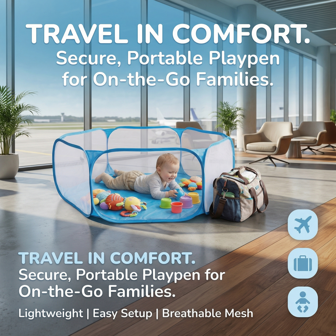 Unisex baby playard, a secure and portable mesh playpen for safe infant & toddler activity. Great for travel.