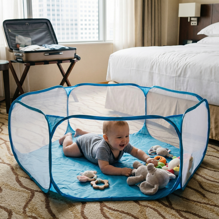 Indoor-outdoor portable playpen for toddlers. Foldable design ensures easy storage & travel-friendly use.