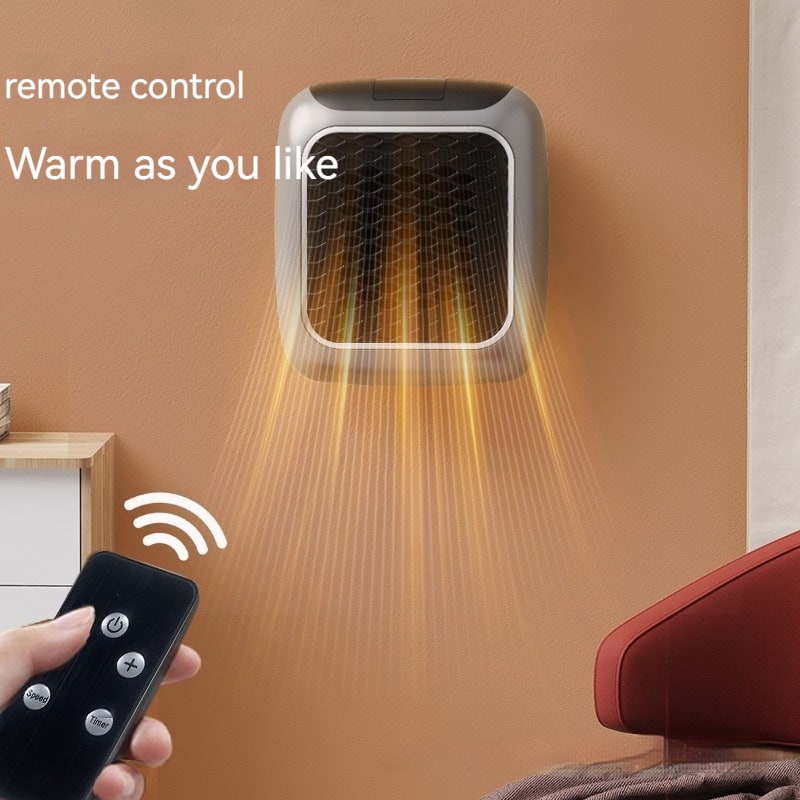 Wall-mounted electric heater, space-saving design, with an illuminated digital display.