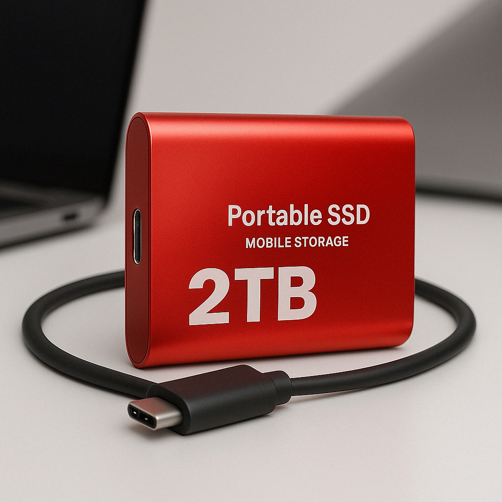 Unisex red portable SSD, a high-speed external hard drive for quick file transfer and reliable data backup.