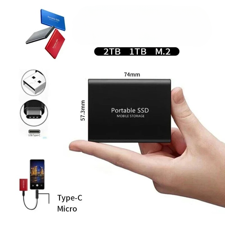 Blue USB-C portable SSD for high-speed file transfer. 2TB external solid state drive for secure data storage.