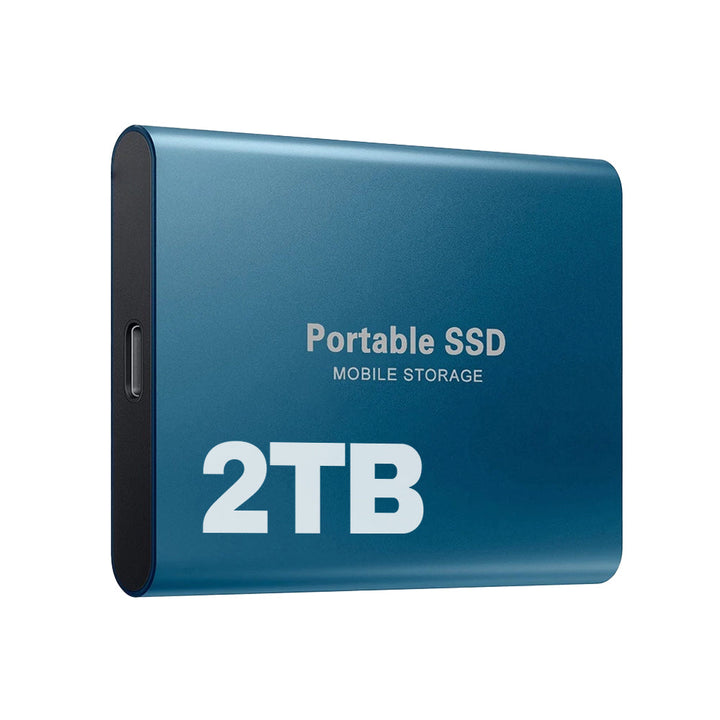 Portable 2TB external solid state drive in blue, providing high-speed, reliable data storage for any user.