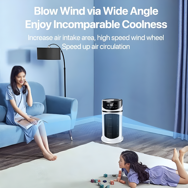 Compact personal tower AC unit, an electric fan & cooler for desktop or small indoor spaces. Efficient home cooling.