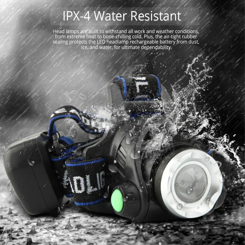 Rugged waterproof LED headlamp, zoom, rechargeable, perfect for extreme outdoor conditions & sports.