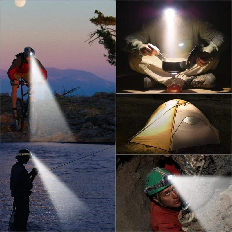 Bright LED headlamp for camping, hiking, and outdoor adventures; waterproof & rechargeable.