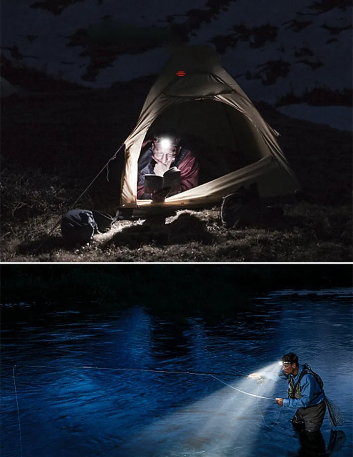 Hands-free LED headlamp with zoom for tactical use, hiking, and camping; waterproof design.