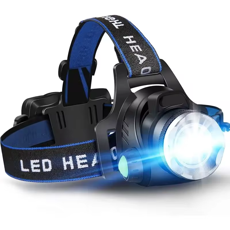 Powerful LED headlamp with zoom, waterproof, rechargeable, ideal for outdoor activities.