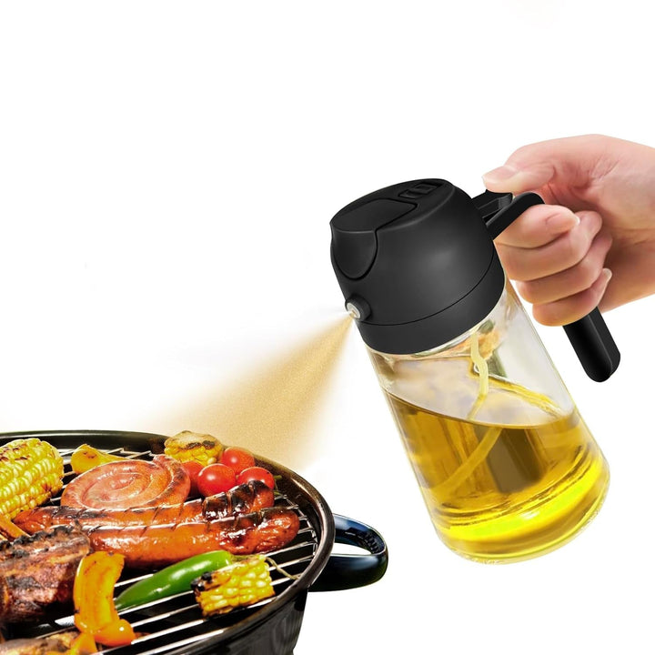 Innovative 2-in-1 olive oil sprayer & dispenser, essential kitchen gadget for culinary tasks.