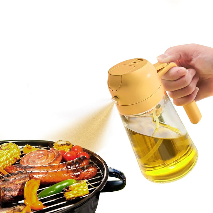 Glass 2-in-1 olive oil sprayer and dispenser, perfect kitchen tool for grilling & salad dressing.