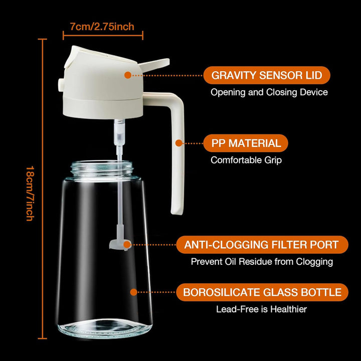 Premium 2-in-1 glass olive oil sprayer, a healthy cooking tool and convenient kitchen accessory.
