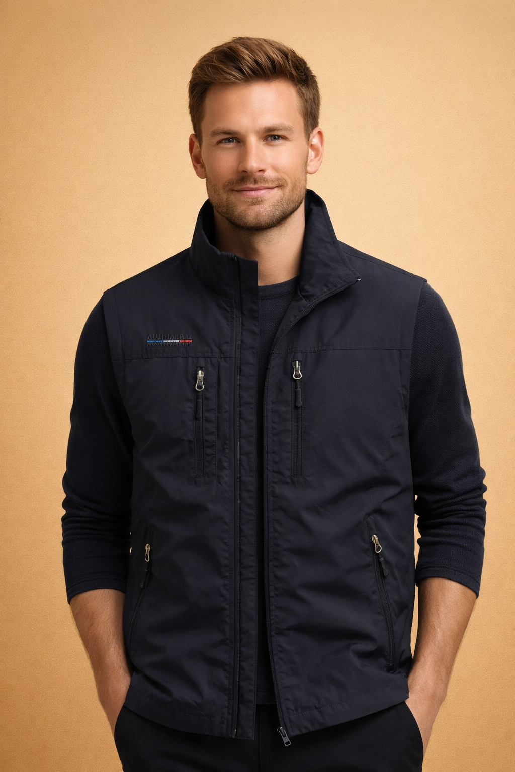 Stylish men's utility vest, multi-pocket, designed for outdoor adventures or a rugged casual layered look.