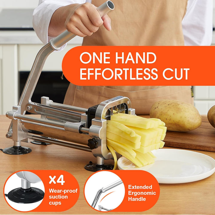 Fast and efficient premium kitchen tool, a vegetable chopper for uniform French fries.