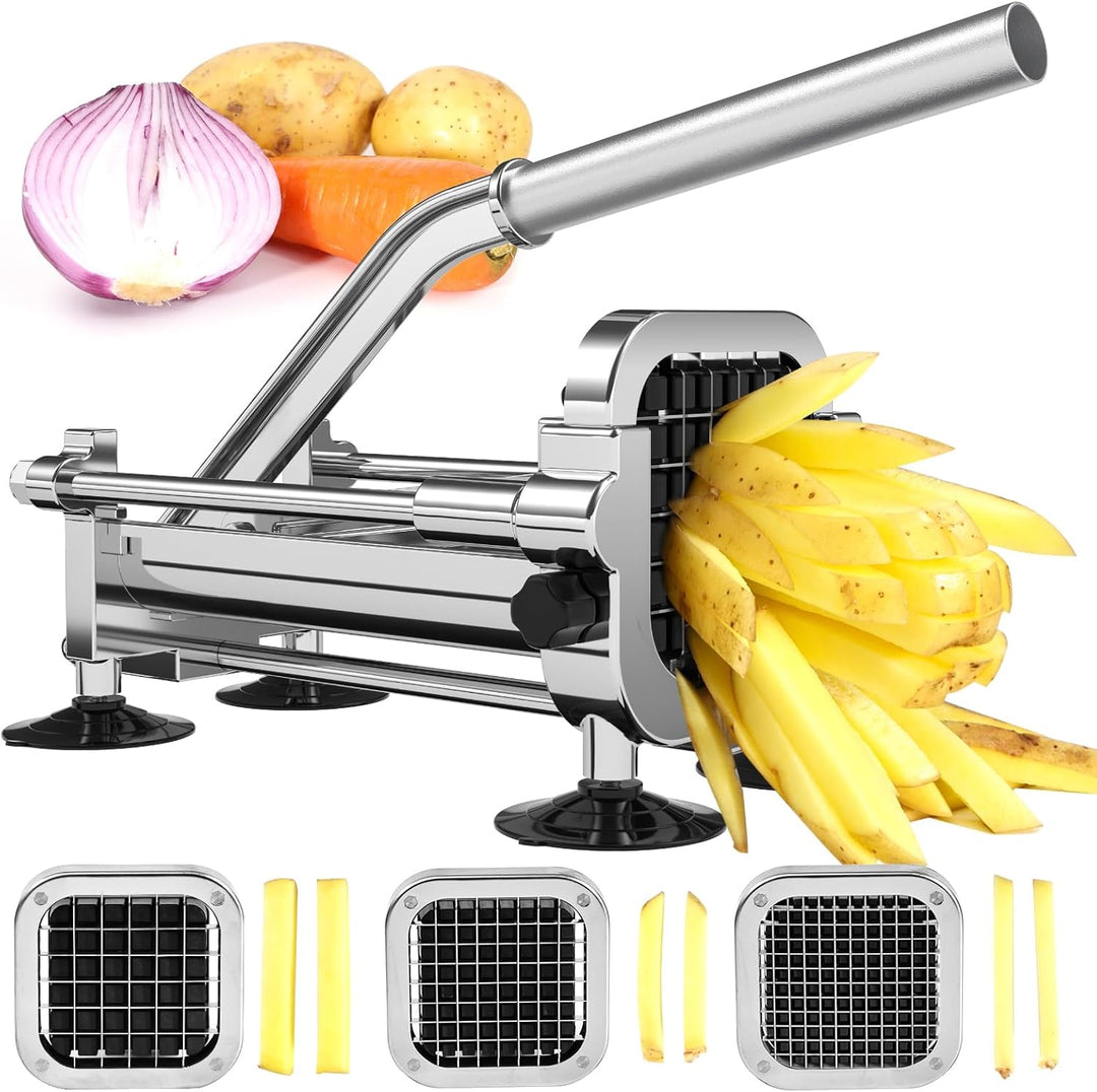 Premium stainless steel French fry cutter for effortless potato slicing, a must-have kitchen tool.