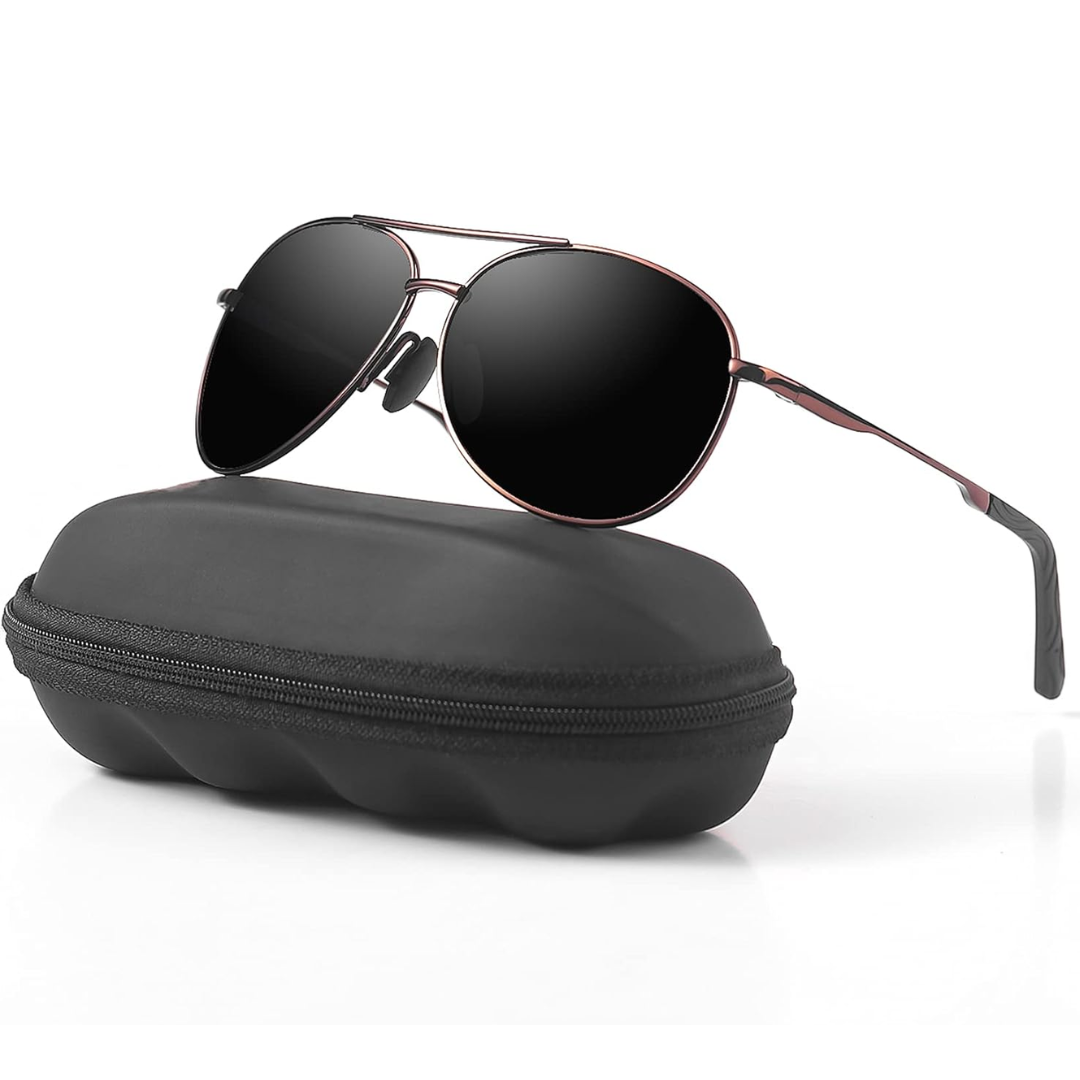 Classic aviator style sunglasses, polarized for glare-free driving, 100% UV protection.