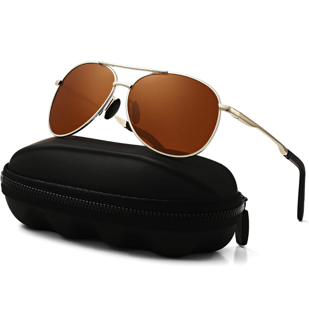 Durable aviator sunglasses, polarized lenses provide clear vision & protect eyes from sun.